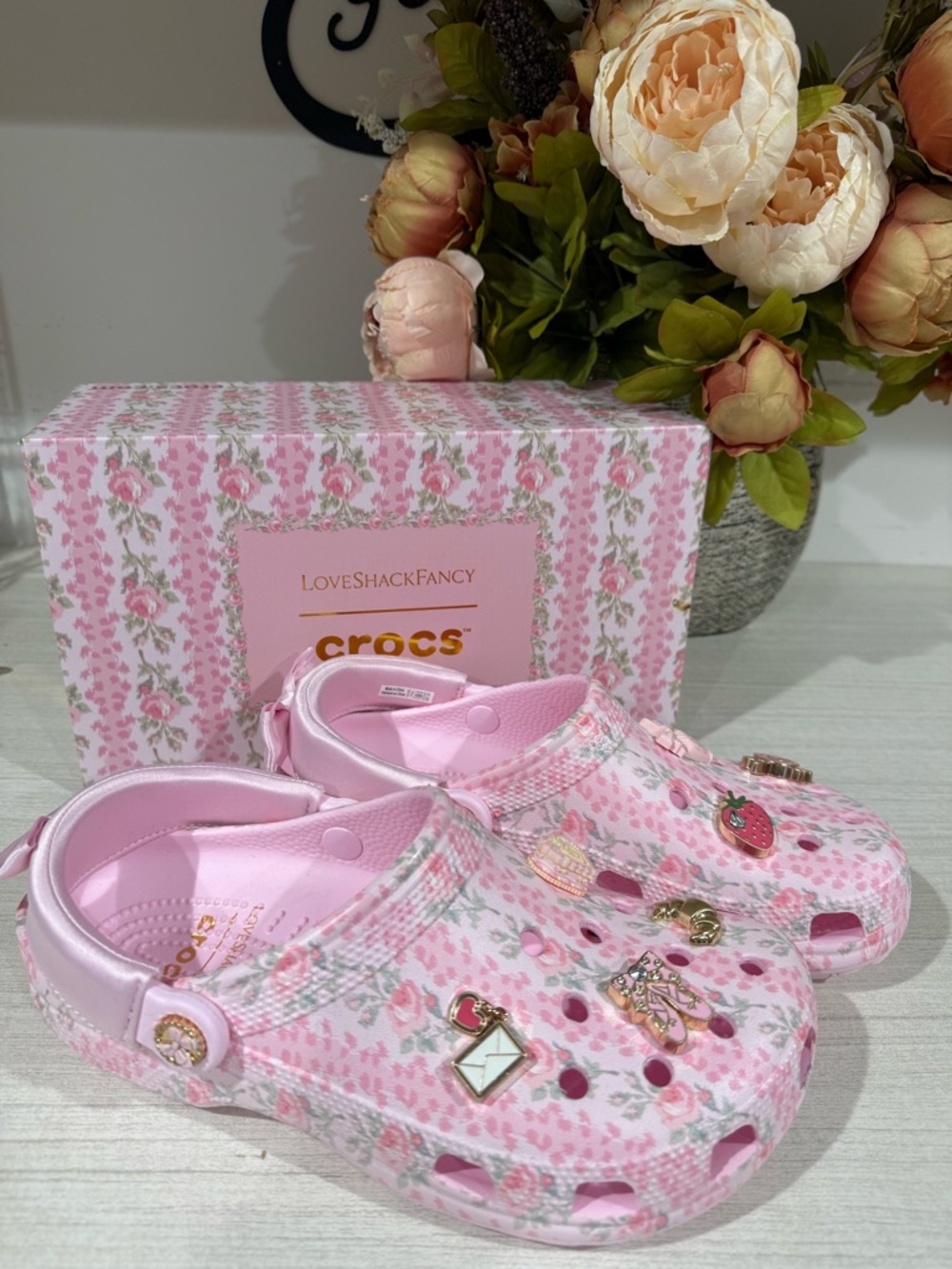 LoveShackFancy Pink Crocs with Gold Logo - Picture 1 of 6